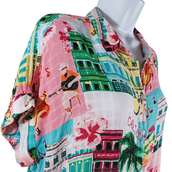 Jane + Delancey CALIENTE Tropical Cuban Print Button Shirt L | Palm Music Fiesta - Picture 3 of 9